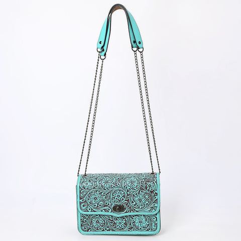 ADBGZ820 Hand-Tooled Leather Crossbody Bag with Chain Strap - Floral Western Design