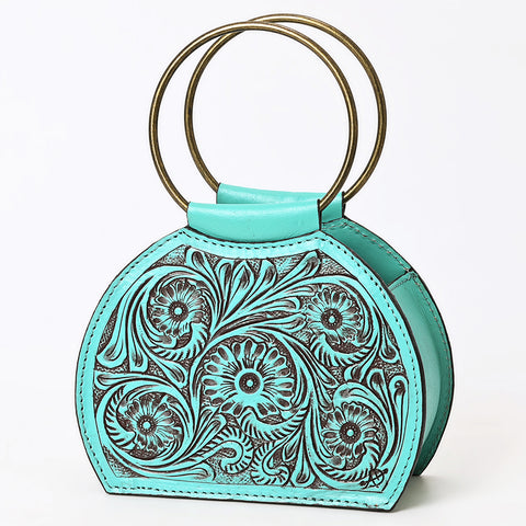 ADBGZ822 Hand-Tooled Leather Western Ring Handle Clutch Bag - Floral Design