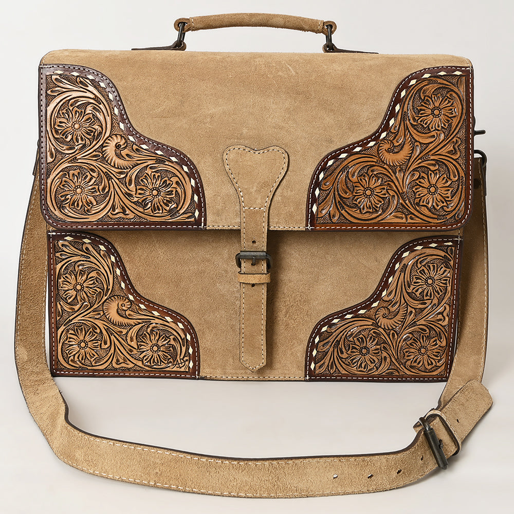 ADBG1436 Genuine suede Leather Messenger Bag - Handtooled Floral Western Satchel