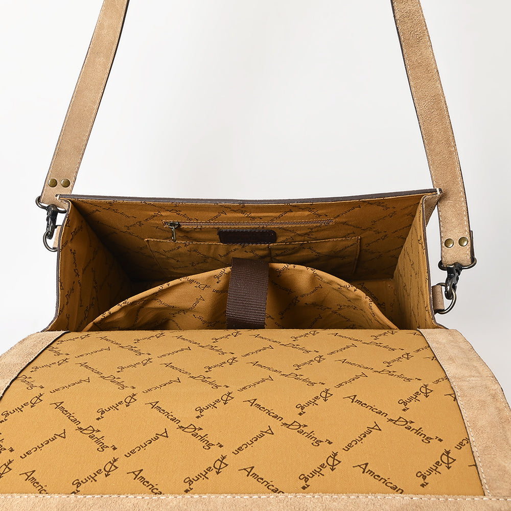 ADBG1436 Genuine suede Leather Messenger Bag - Handtooled Floral Western Satchel
