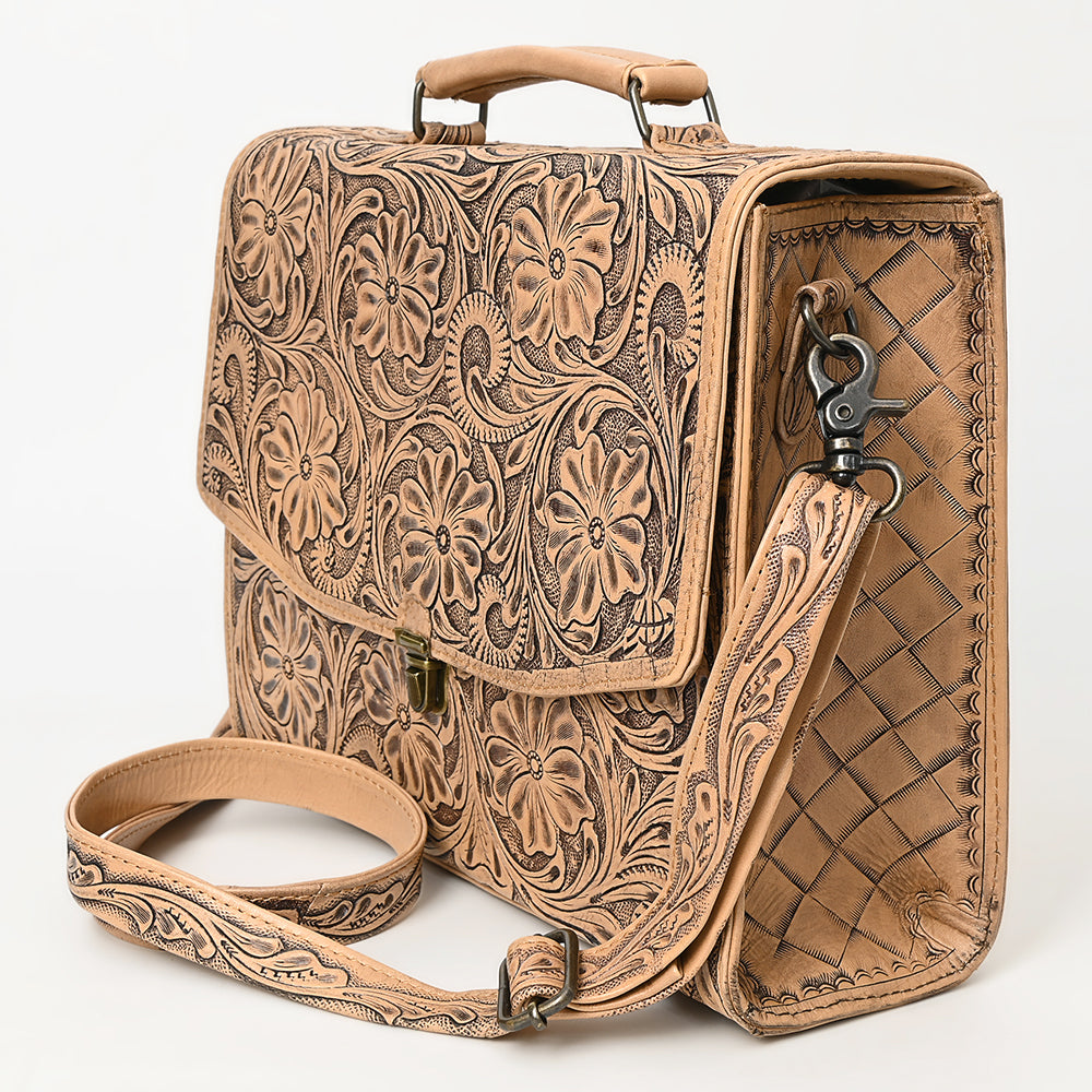 ADBG1437 Handtooled Leather Messenger Bag - Floral Carved Western Satchel