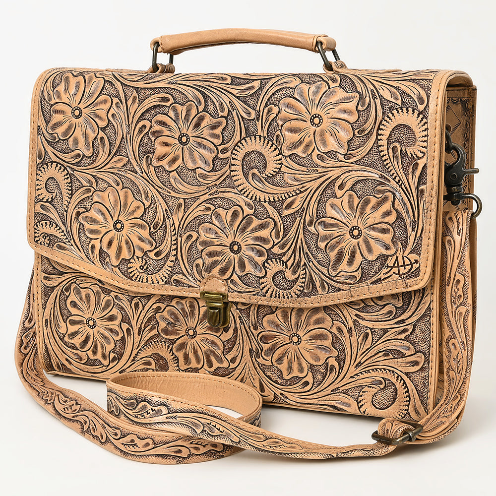ADBG1437 Handtooled Leather Messenger Bag - Floral Carved Western Satchel