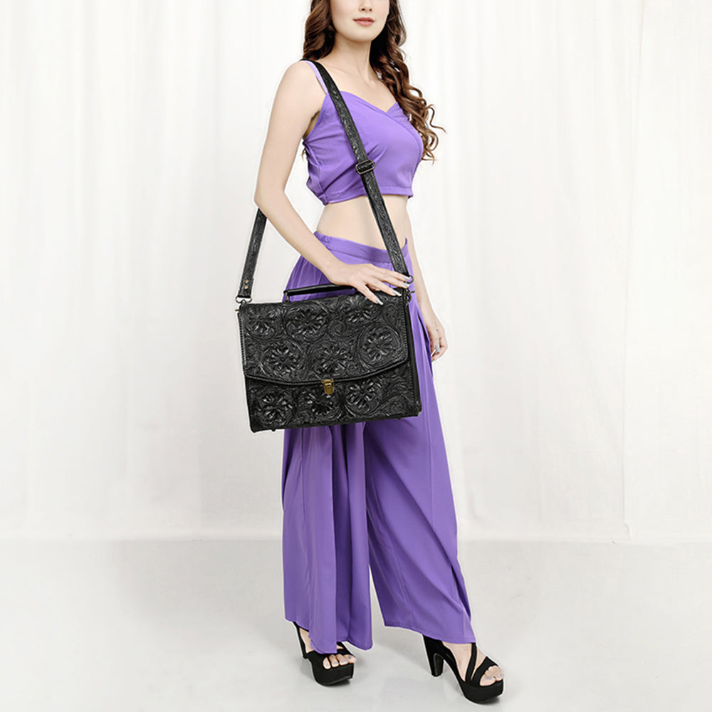 ADBG1437 Handtooled Leather Messenger Bag - Floral Carved Western Satchel