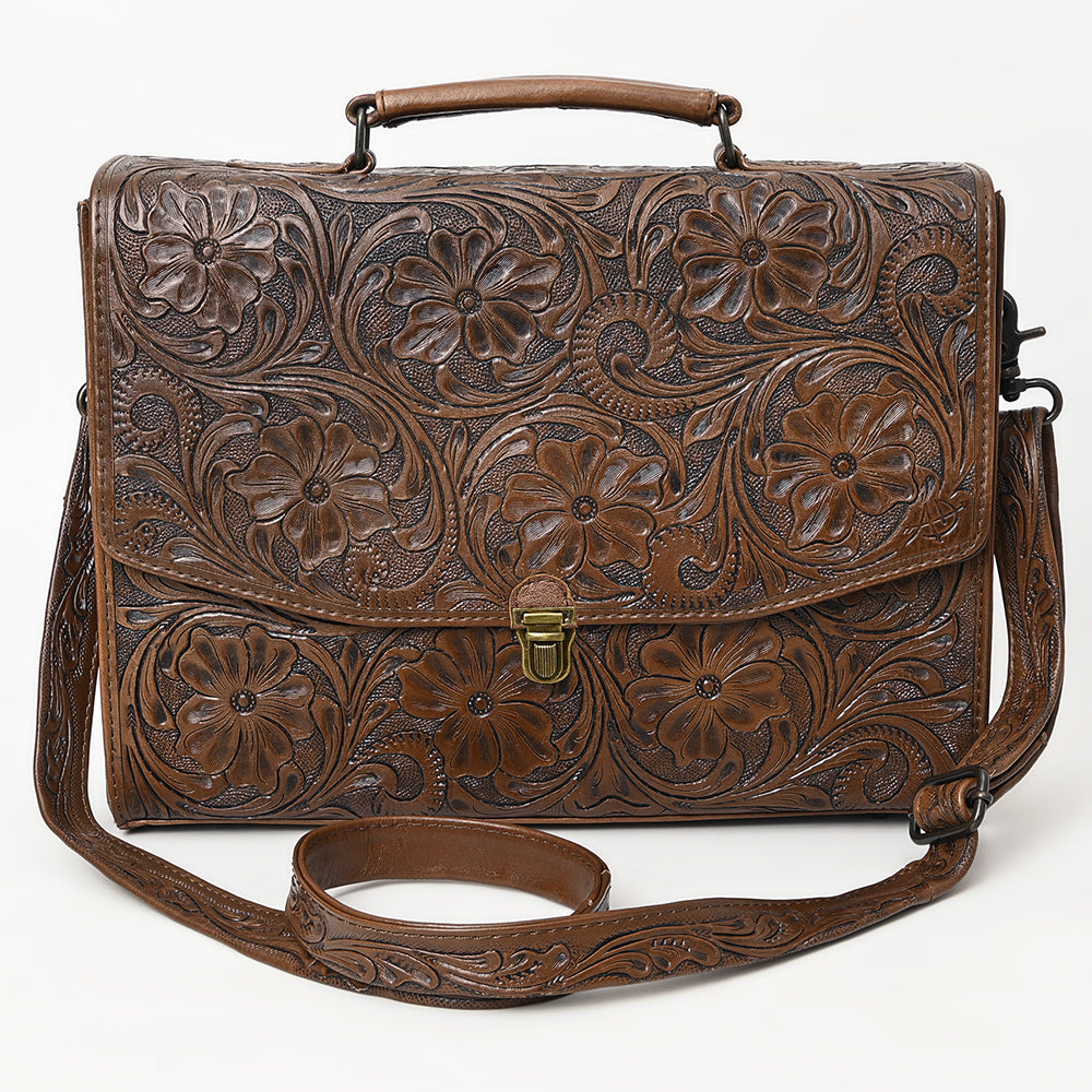 ADBG1437 Handtooled Leather Messenger Bag - Floral Carved Western Satchel
