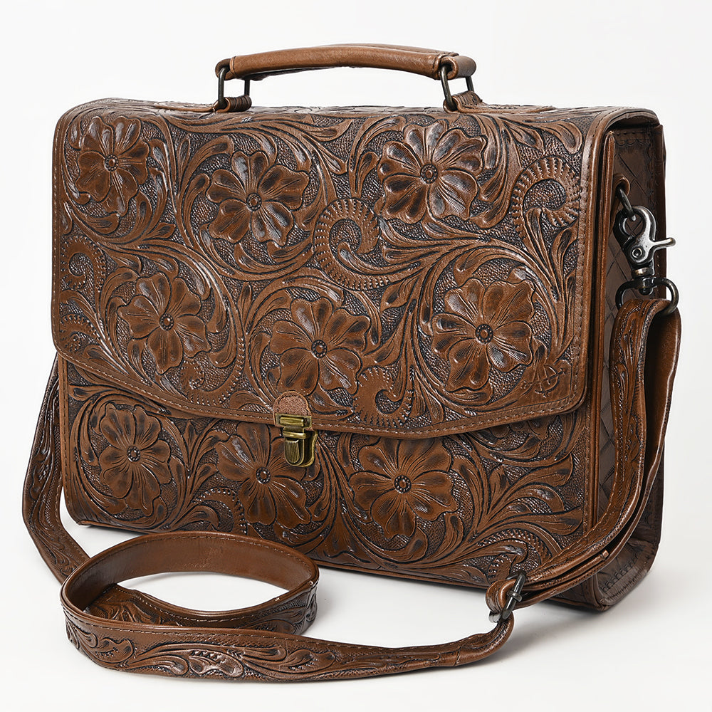 ADBG1437 Handtooled Leather Messenger Bag - Floral Carved Western Satchel