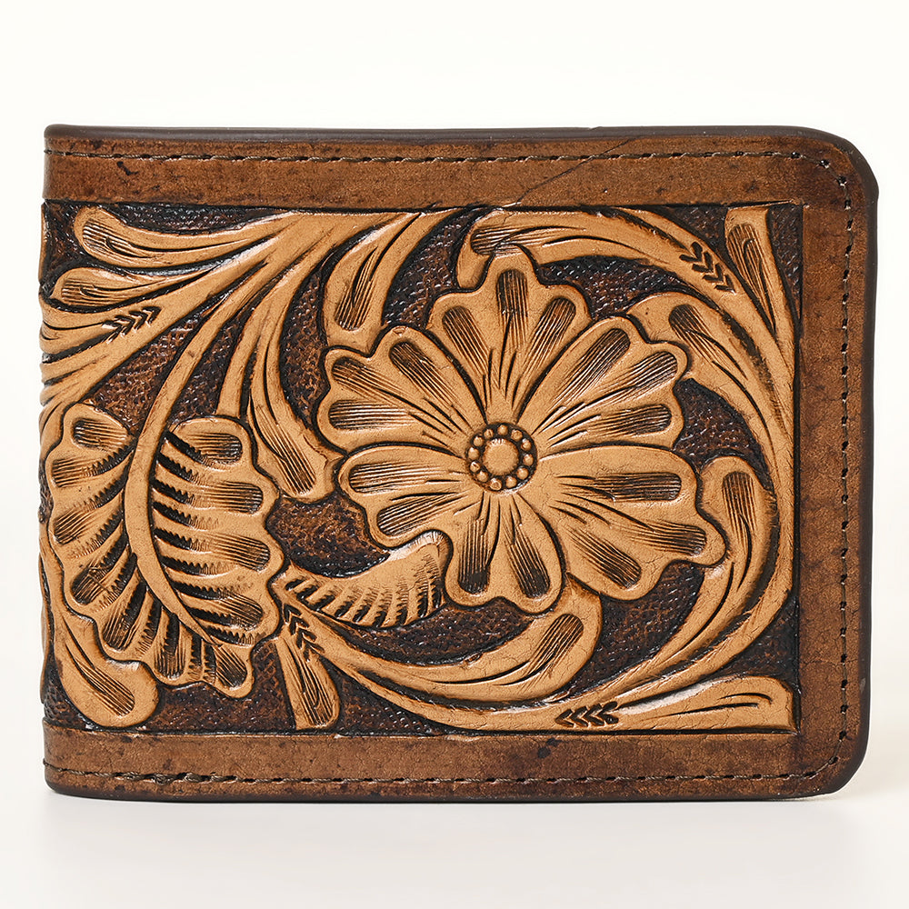 ADBG1438 Handtooled Leather Western Wallet - Floral Carved Bifold