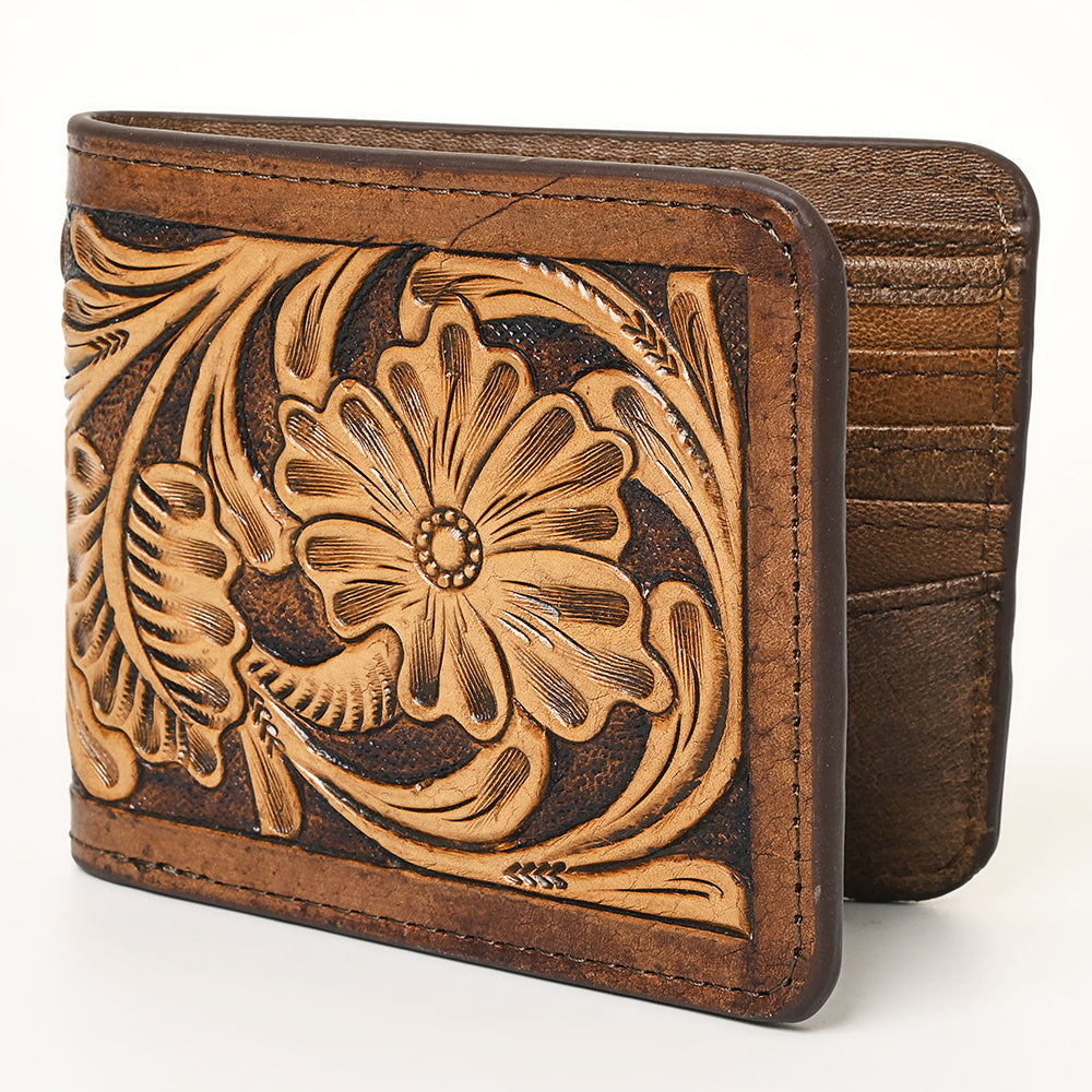 ADBG1438 Handtooled Leather Western Wallet - Floral Carved Bifold