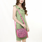 ADBG1439 Pink Hand Tooled Crossbody Genuine Western Fringes Leather Women Bag