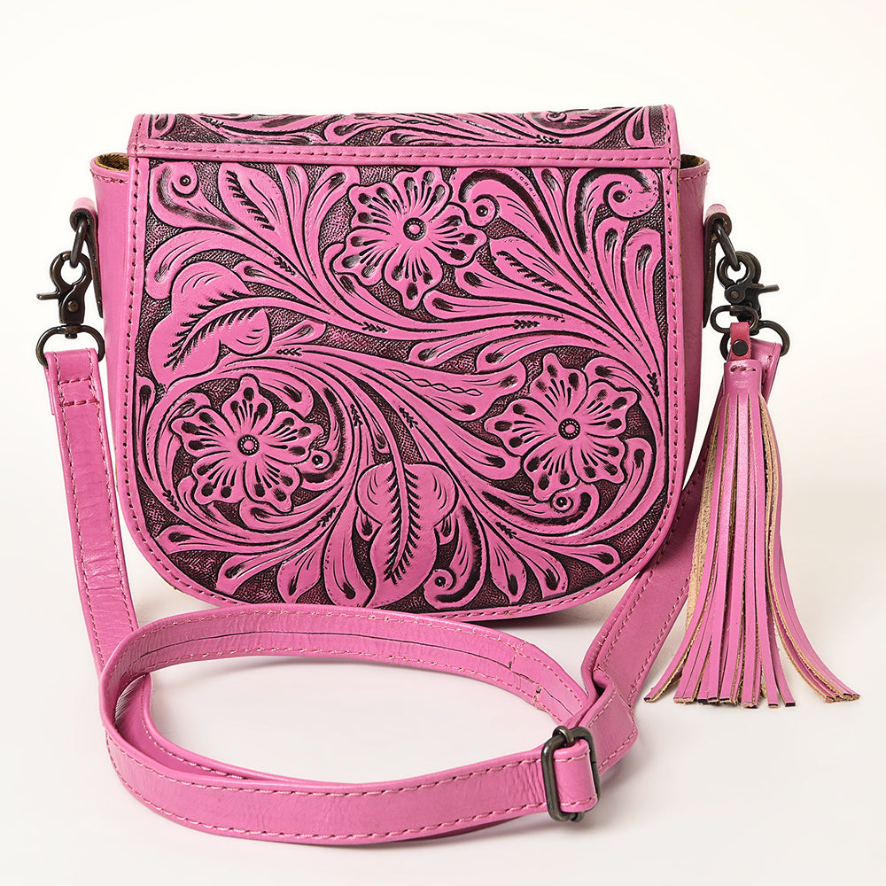 ADBG1439 Pink Hand Tooled Crossbody Genuine Western Fringes Leather Women Bag