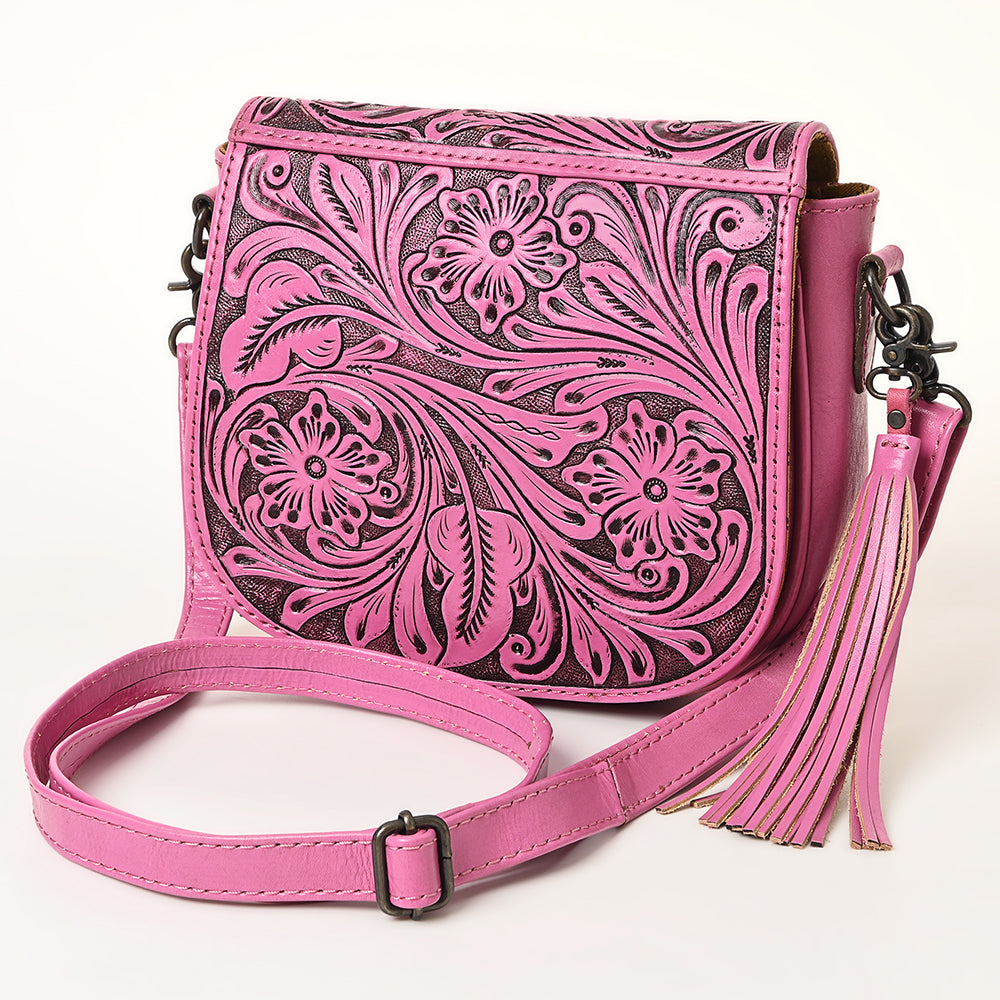 ADBG1439 Pink Hand Tooled Crossbody Genuine Western Fringes Leather Women Bag