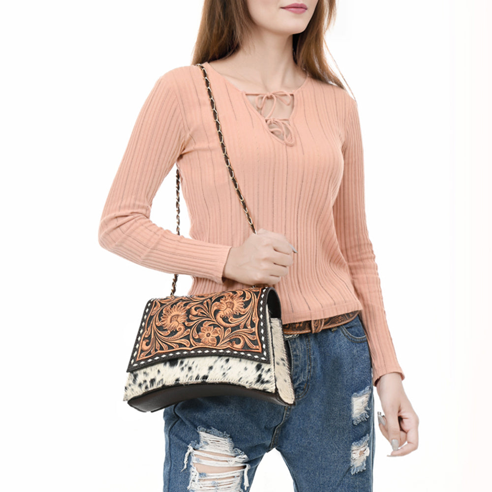 ADBGA536 American Darling Hand Tooled Leather & Cowhide Crossbody Bag Western Chain Strap Purse