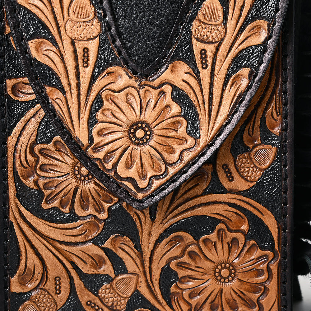 ADBGA537 American Darling Genuine Leather Cell Phone Holder with Hand Tooled Floral Design & Fringe Black
