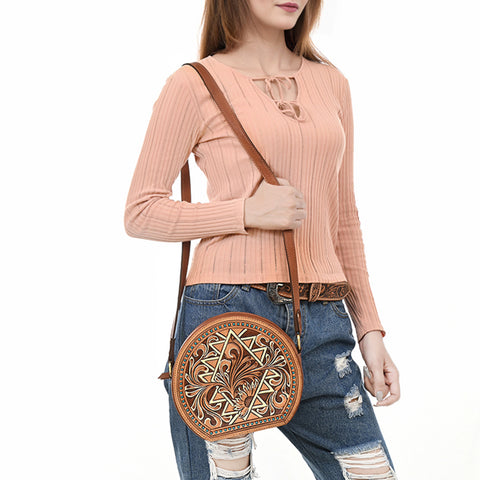 American Darling Western Leather Canteen Bag Hand Tooled Floral Carved Purse