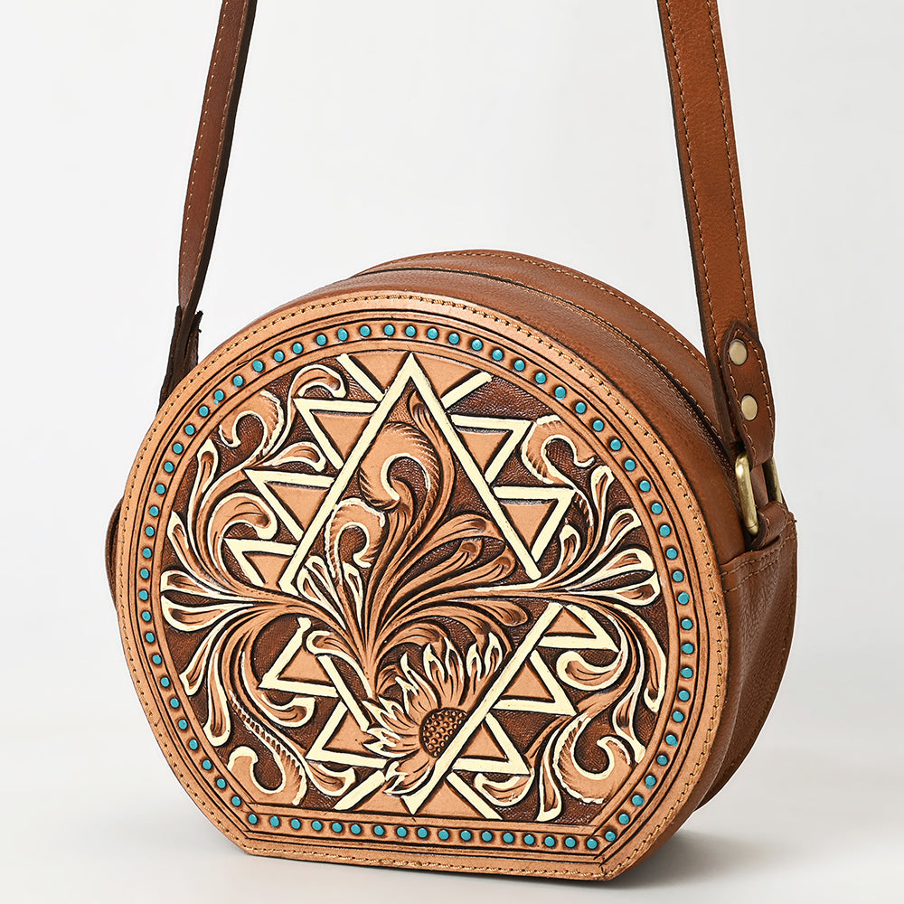 ADBGA538 American Darling Hand Tooled Genuine Leather Canteen Bag with Turquoise Studs Western Crossbody
