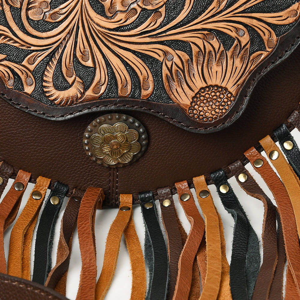 ADBGA540 American Darling Hand Tooled Leather Crossbody Bag with Multi-Tone Fringe & Western Floral Design