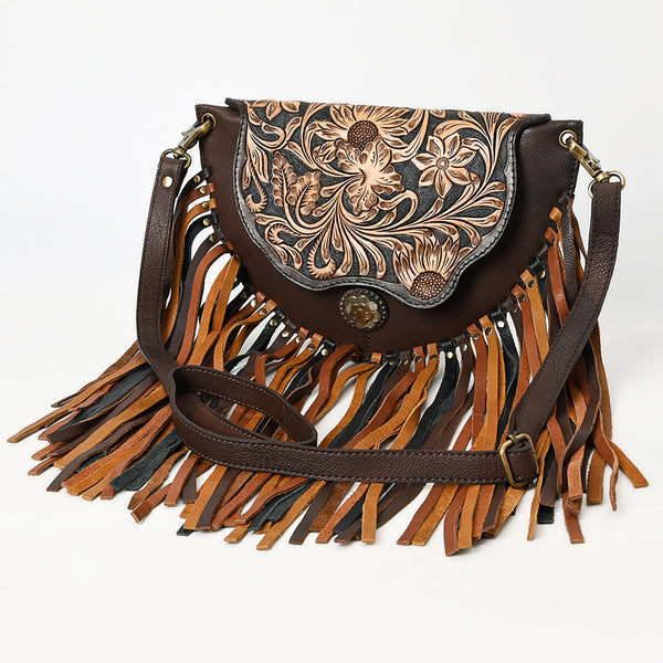 ADBGA540 American Darling Hand Tooled Leather Crossbody Bag with Multi-Tone Fringe & Western Floral Design