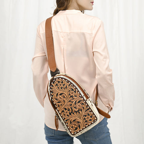 American Darling Western Leather Hand Tooled Hair-On Cowhide Sling Bag
