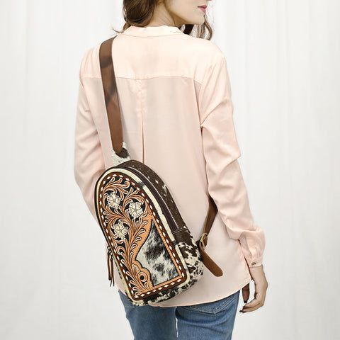 American Darling Hand Tooled Leather Hair-On Cowhide Sling Bag
