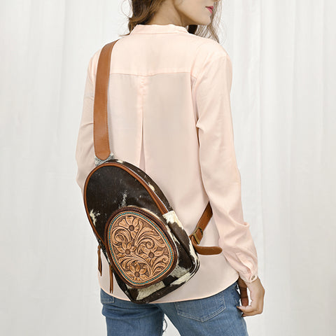 American Darling Hand Tooled Floral Leather Hair-On Cowhide Sling Bag