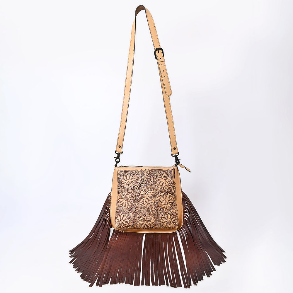 ADBGZ826 Hand-Tooled Leather Fringe Messenger Bag Western Floral Saddle Style