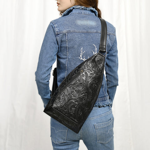 American Darling Hand-Tooled Western Leather Sling Bag | Genuine Leather Floral Carved Crossbody