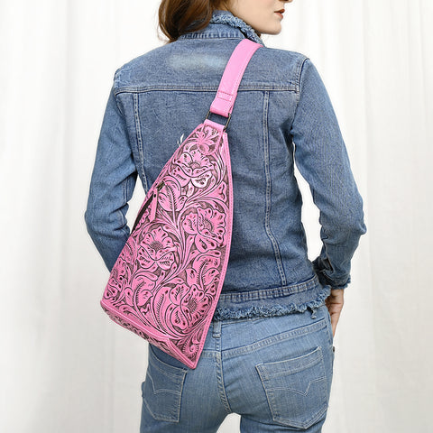 American Darling Pink Hand Tooled Leather Sling Bag ï¿½ Western Floral Carved Crossbody