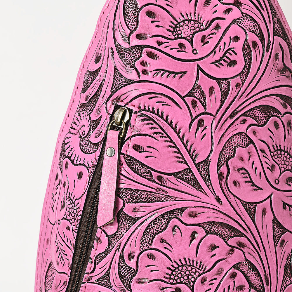 ADBG1443 Pink Hand Tooled Leather Western Sling Bag - Midnight Floral Crossbody