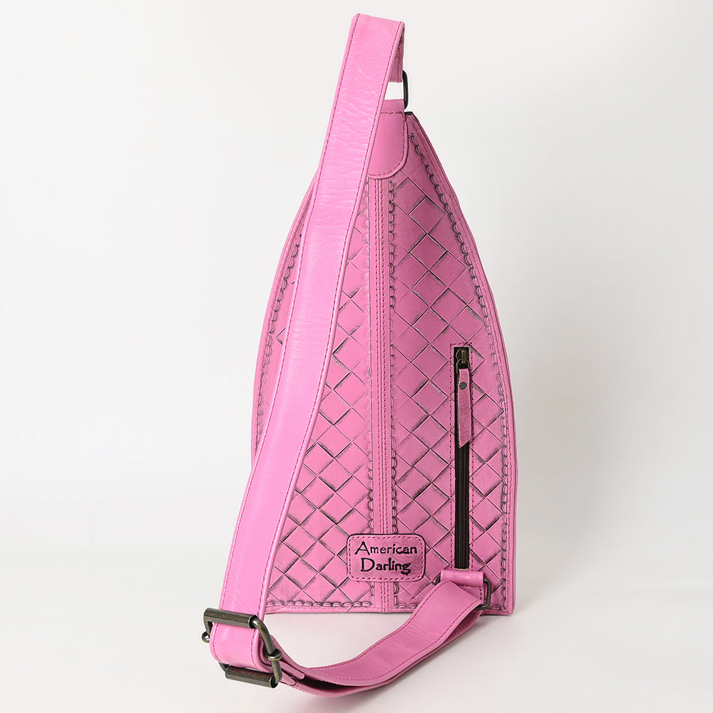 ADBG1443 Pink Hand Tooled Leather Western Sling Bag - Midnight Floral Crossbody