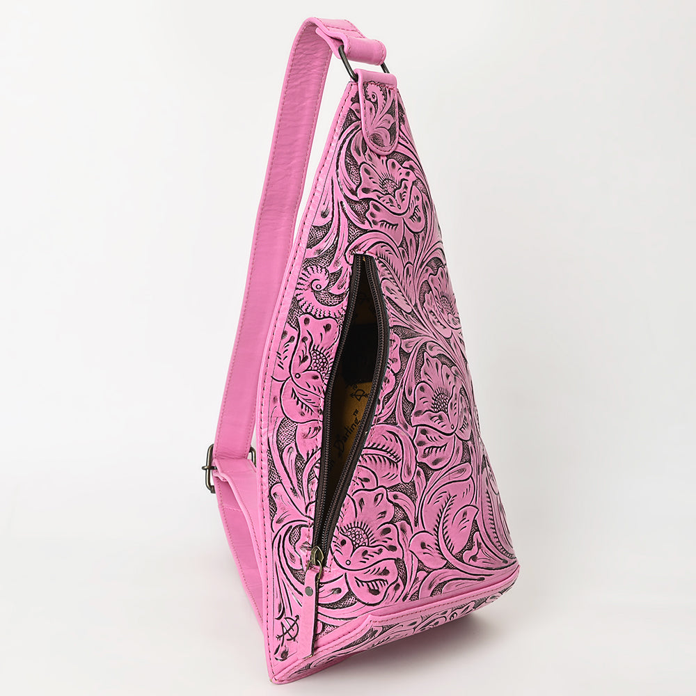 ADBG1443 Pink Hand Tooled Leather Western Sling Bag - Midnight Floral Crossbody