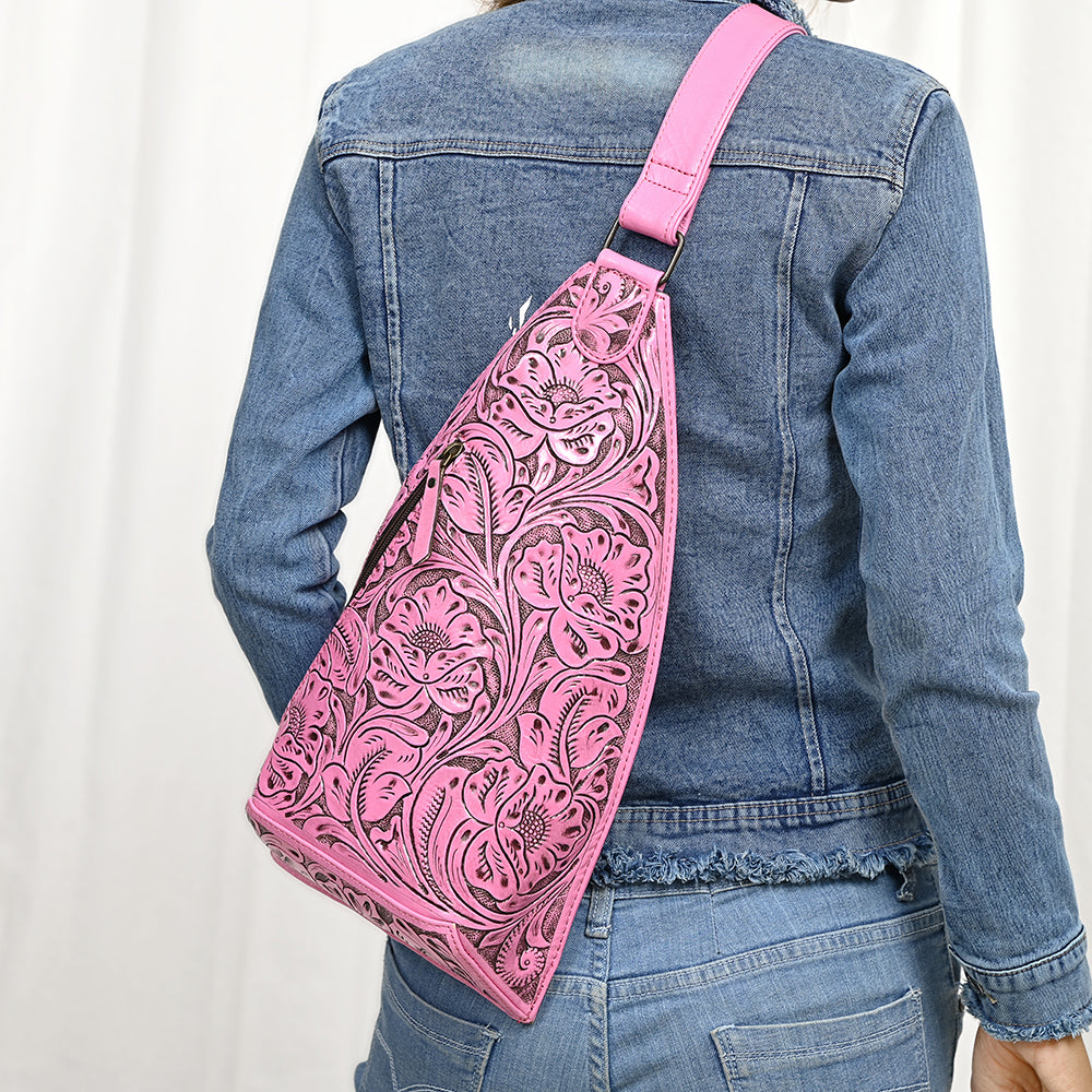 ADBG1443 Pink Hand Tooled Leather Western Sling Bag - Midnight Floral Crossbody