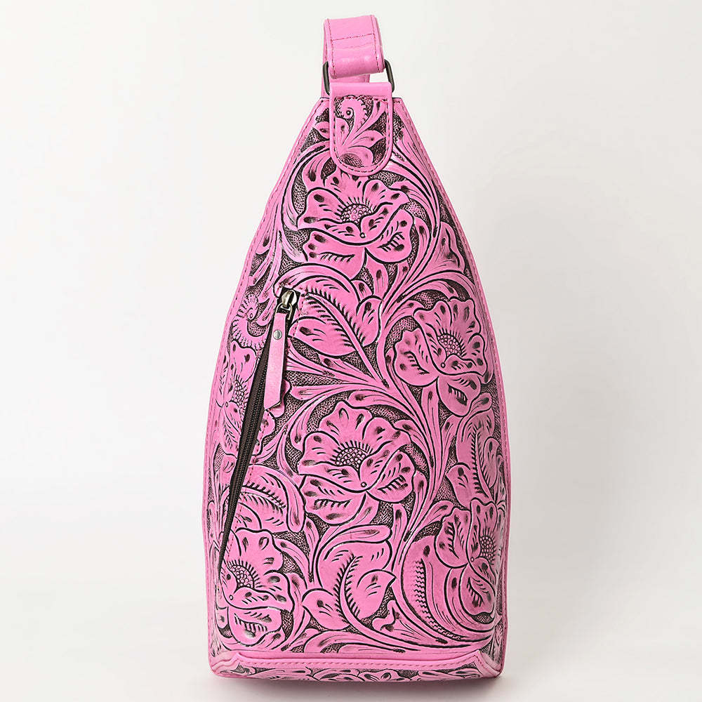 ADBG1443 Pink Hand Tooled Leather Western Sling Bag - Midnight Floral Crossbody