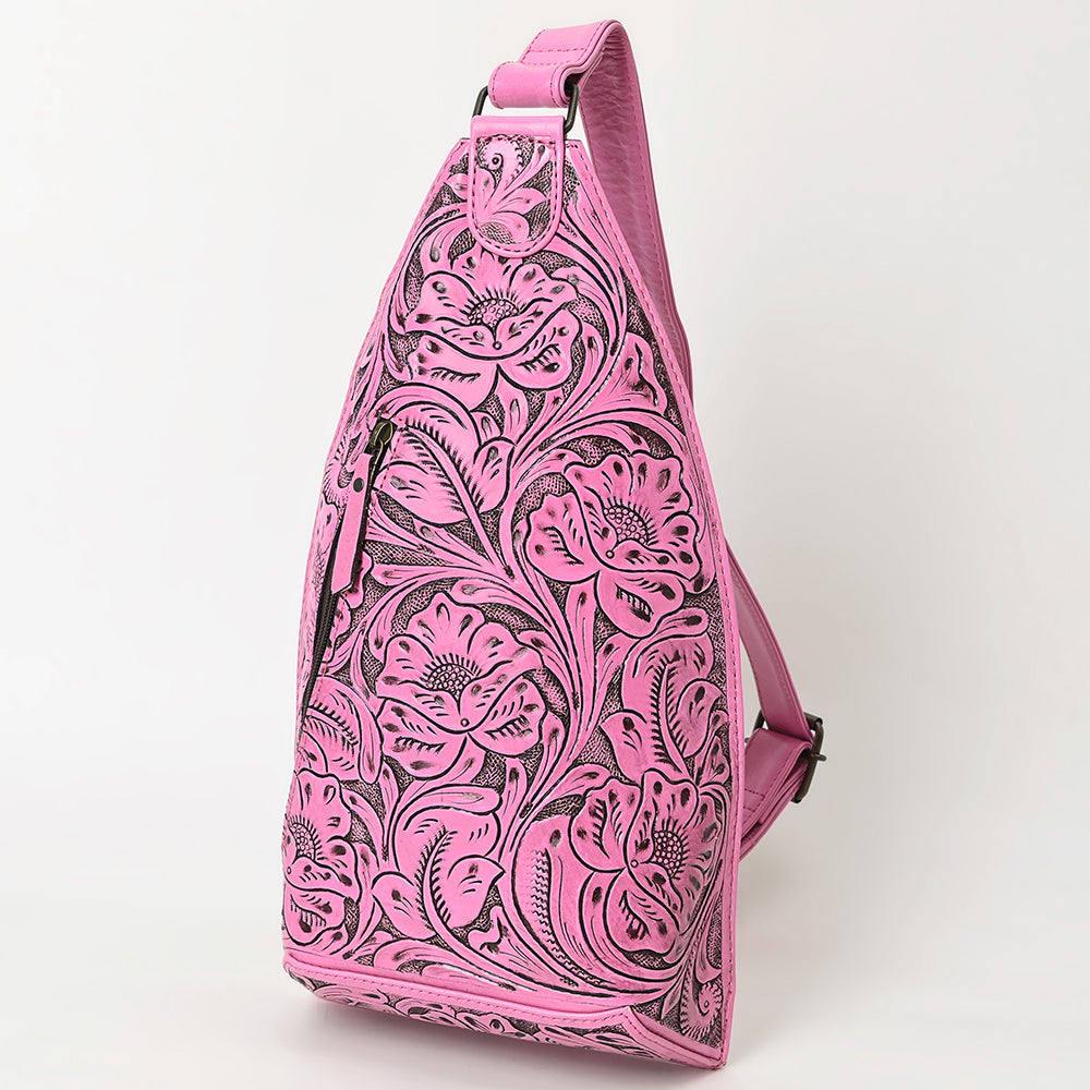 ADBG1443 Pink Hand Tooled Leather Western Sling Bag - Midnight Floral Crossbody