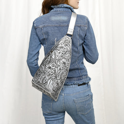 American Darling Hand-Tooled Western Leather Sling Bag | Genuine Leather Floral Carved Crossbody
