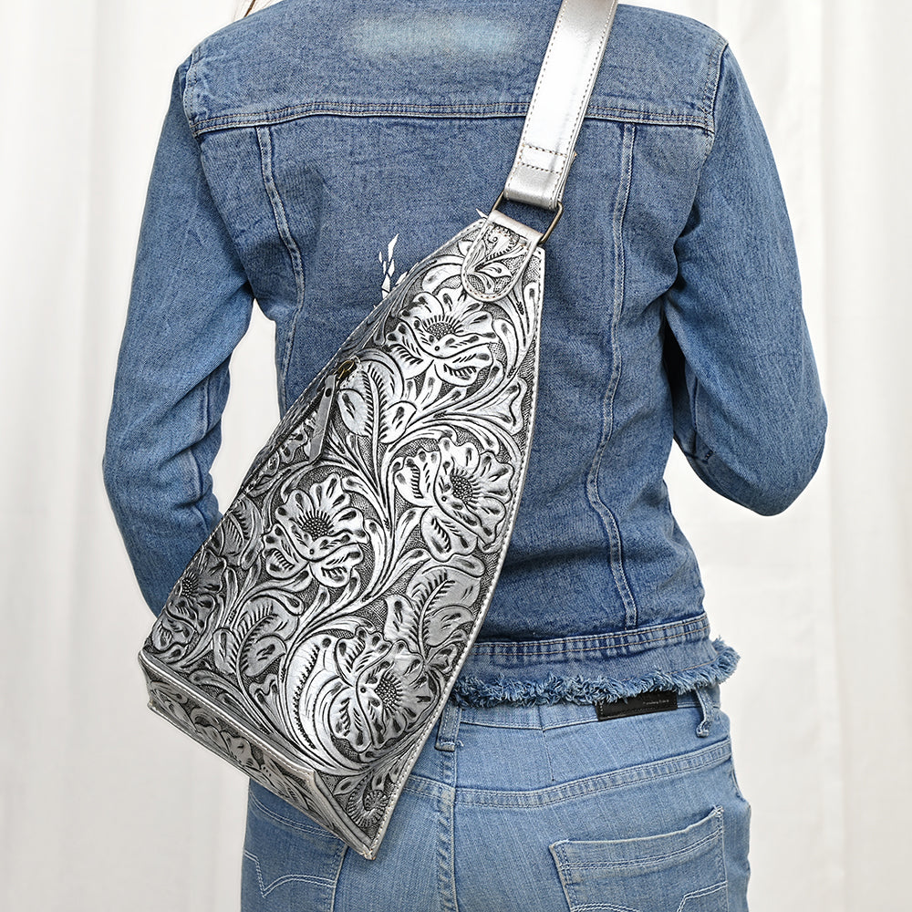 ADBG1443 Hand Tooled Leather Western Sling Bag - Midnight Floral Crossbody