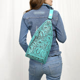 ADBG1443 Hand Tooled Leather Western Sling Bag - Midnight Floral Crossbody