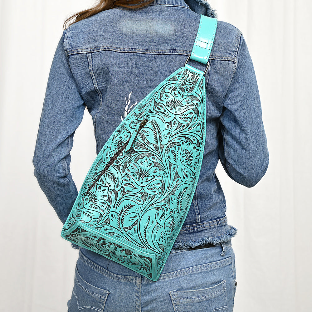 ADBG1443 Hand Tooled Leather Western Sling Bag - Midnight Floral Crossbody
