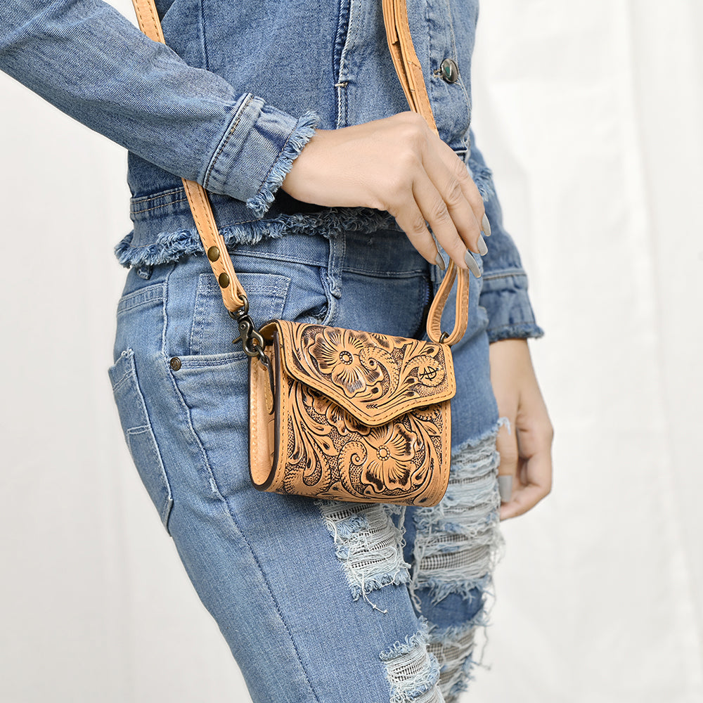 ADBG1444 Hand Tooled Leather Wallet Bag - Western Floral Mini Satchel