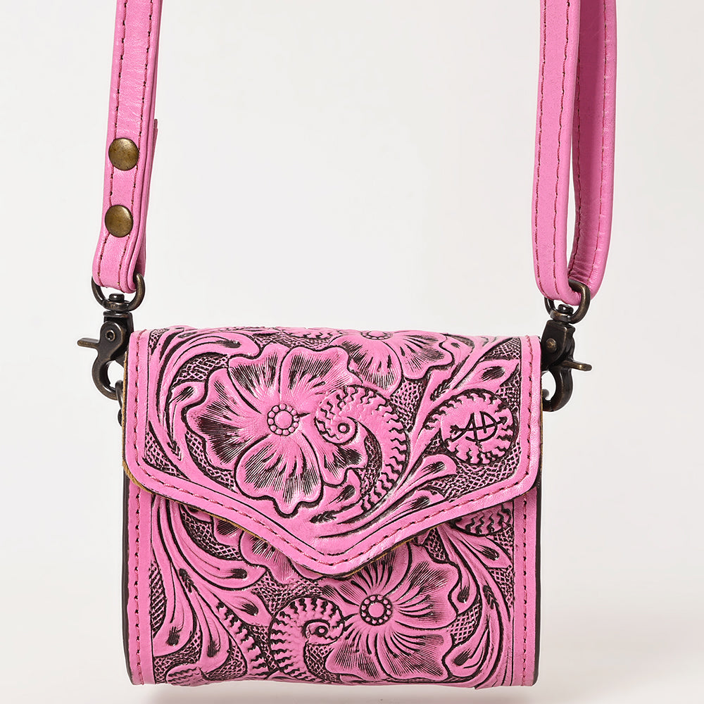 ADBG1444 Pink Hand Tooled Leather Wallet Bag - Western Floral Mini Satchel