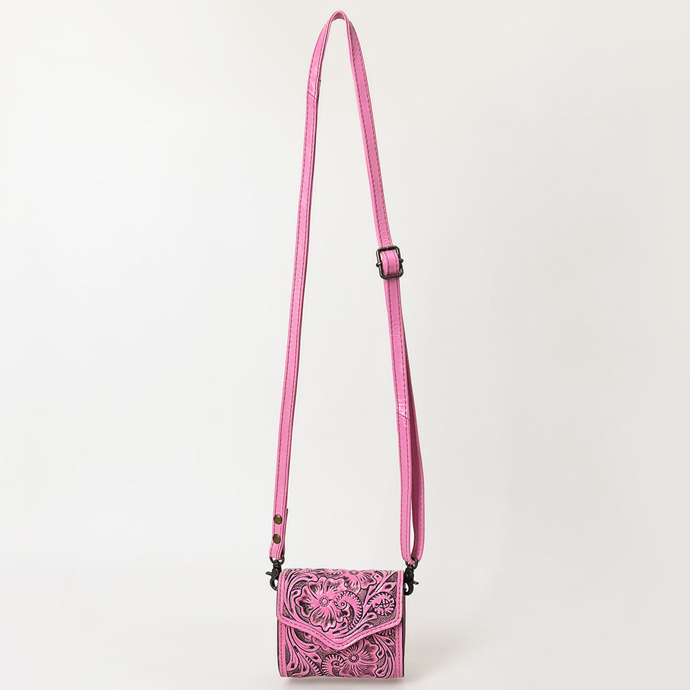 ADBG1444 Pink Hand Tooled Leather Wallet Bag - Western Floral Mini Satchel