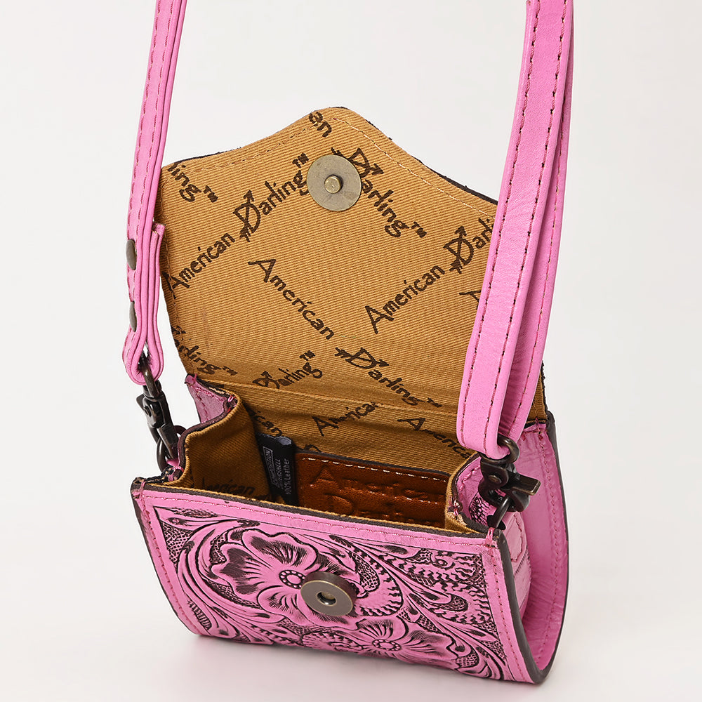 ADBG1444 Pink Hand Tooled Leather Wallet Bag - Western Floral Mini Satchel