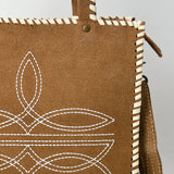 ADBG1590 Suede Western Tote Bag - White Embroidered Whipstitch Purse with Crossbody Strap
