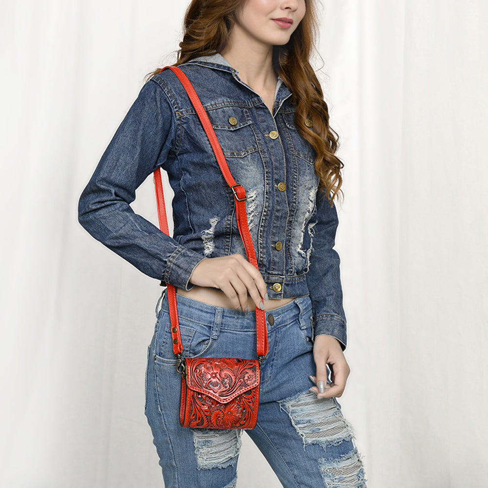 ADBG1444 Hand Tooled Leather Wallet Bag - Western Floral Mini Satchel