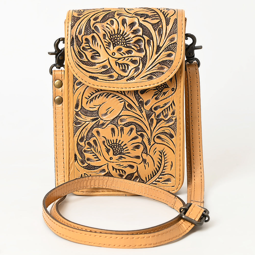ADBG1448 Hand Tooled Leather Phone Crossbody Bag - Western Floral Vertical Pouch