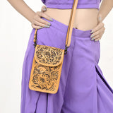 ADBG1448 Hand Tooled Leather Phone Crossbody Bag - Western Floral Vertical Pouch