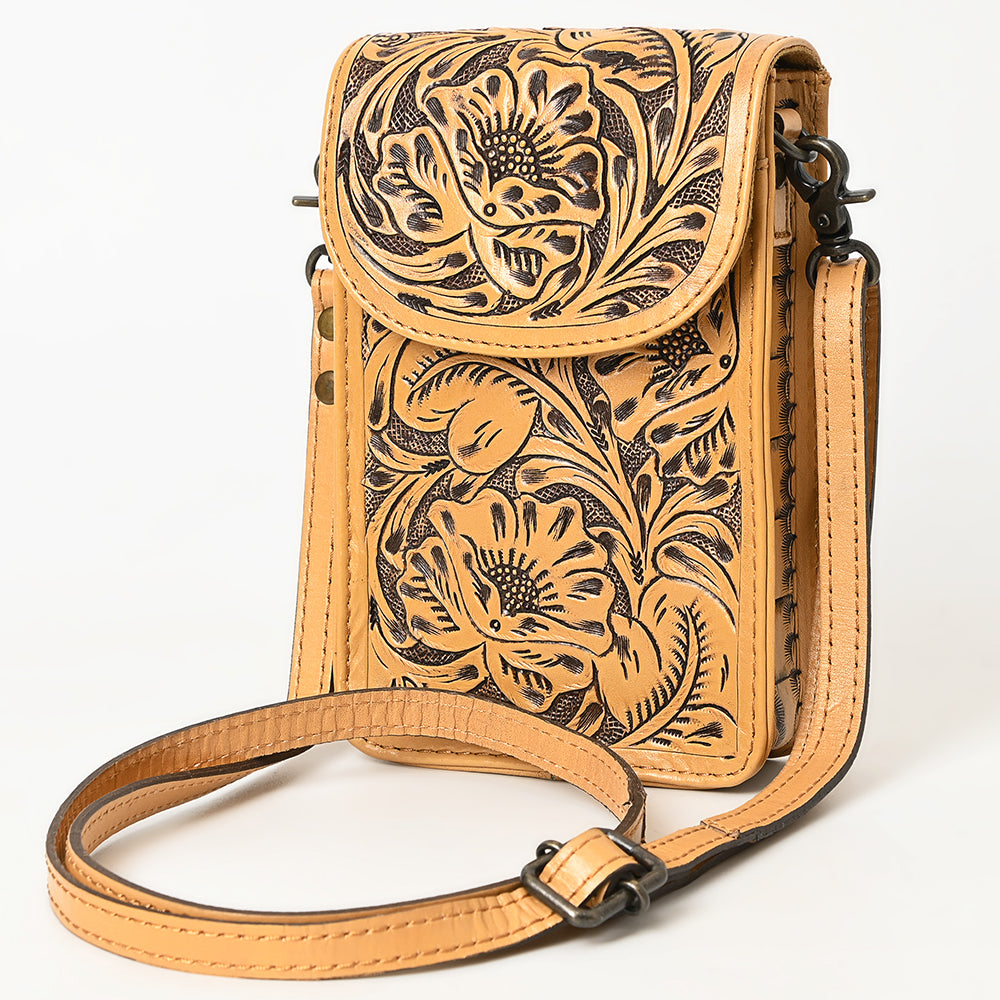 ADBG1448 Hand Tooled Leather Phone Crossbody Bag - Western Floral Vertical Pouch