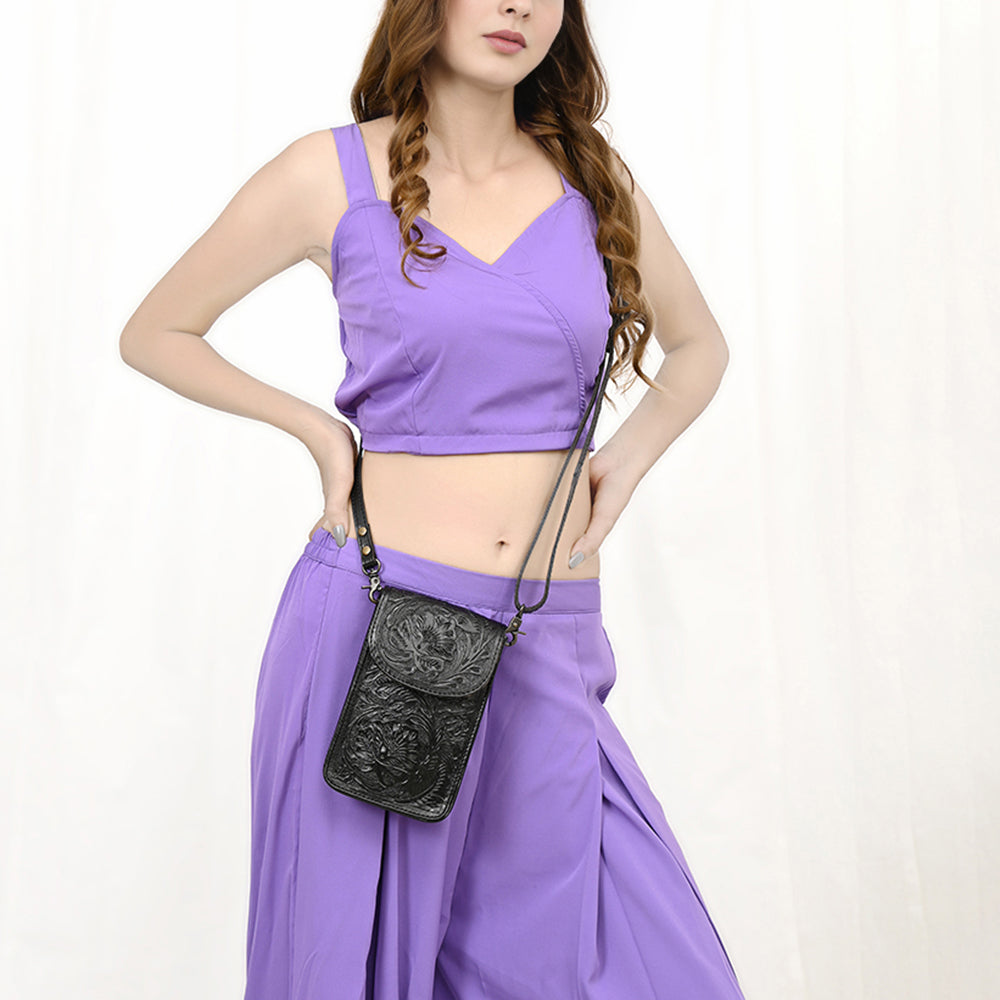 ADBG1448 Hand Tooled Leather Phone Crossbody Bag - Western Floral Vertical Pouch