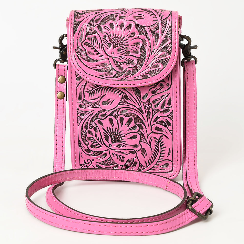 ADBG1448C Pink Hand Tooled Leather Phone Crossbody Bag - Western Floral Vertical Pouch