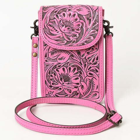 American Darling Pink Western Leather Cell Phone Holder ï¿½ Hand-Tooled Floral Genuine Leather Crossbody