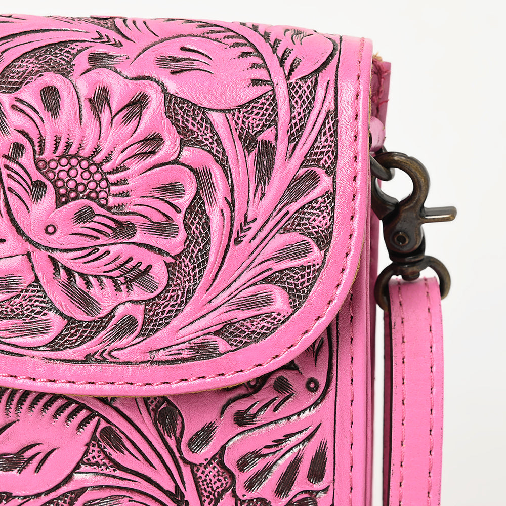 ADBG1448C Pink Hand Tooled Leather Phone Crossbody Bag - Western Floral Vertical Pouch