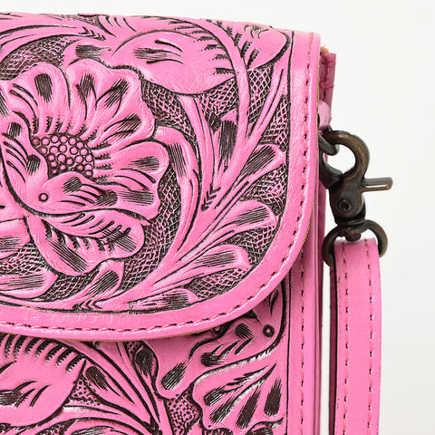 American Darling Pink Western Leather Cell Phone Holder ï¿½ Hand-Tooled Floral Genuine Leather Crossbody